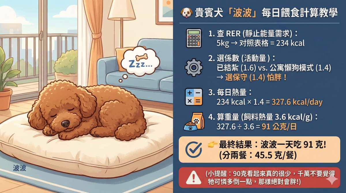 貴賓犬每日餵食量計算教學圖表,針對5公斤已結紮、居住公寓且低活動量的室內犬「波波」。圖中詳細展示如何查詢RER靜止能量需求、選擇保守活動係數(1.4),並計算出每日所需飼料克數的完整過程。