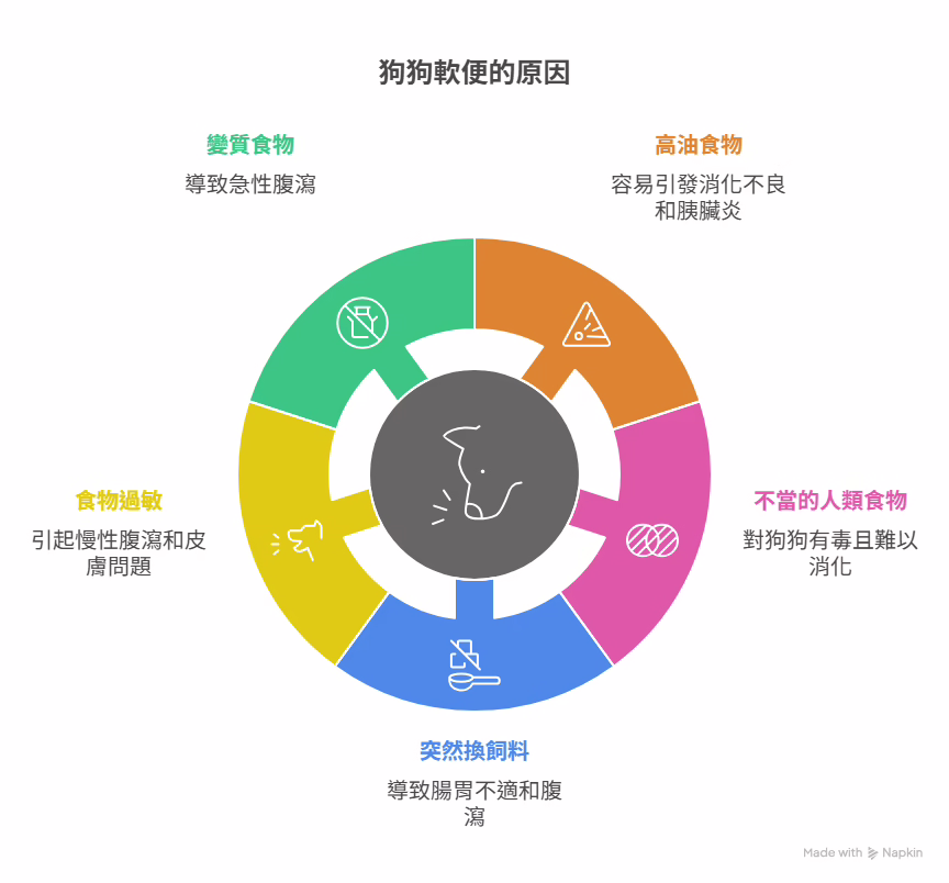 狗狗軟便的常見原因環形圖示，包括：變質食物、高油食物、不當人類食物、突然換飼料、食物過敏等，圖中以不同顏色與圖標區塊表示每種原因。